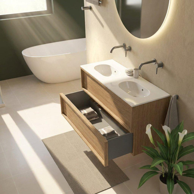 Saniclass Holz Frame Ensemble de meubles de salle de bains - 120x45x74cm - Chaci lavabo en céramique blanc - 2 vasques - sans trous de robinetterie - 2 tiroirs - chêne natural mat (bois)