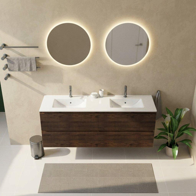 Saniclass Holz Atelier Ensemble de meubles de salle de bains - 160x45x62cm - Vygo lavabo en céramique blanc - 2 vasques - 2 trous de robinet - 4 tiroirs - chêne charcoal mat (bois)
