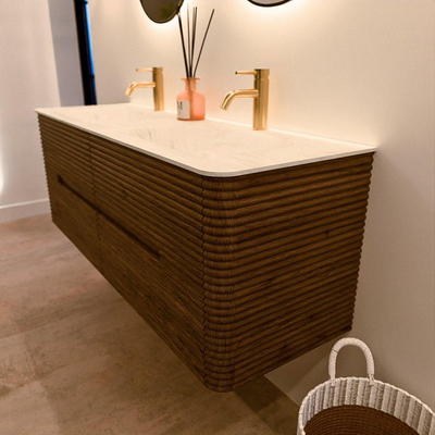 Mondiaz CIRO-DLUX Badkamermeubelset - 140x45x50cm - Solid surface wastafel Opalo - 2 wasbak Dubbel - 2 kraangaten - 4 lades - Dusk