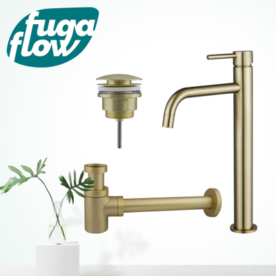 FugaFlow Eccelente Sobrado Badkamer Slim Wastafelkraanset - verhoogde wastafelkraan - klikwaste plug - verlaagde design sifon - PVD Geborsteld Messing