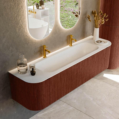Mondiaz KURVE Ensemble de meuble salle de bain - 170x46x40cm - 1 tiroir - 2 portes - lavabo en solid surface - milieu - 2 trous de robinet - Ruby
