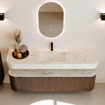 MONDIAZ THOR-DLUX 170cm meuble de salle de bains arrondi gauche + droite couleur Walnut avec 1 tiroir et 2 portes. Vasque suspendue CLOUD Milieu 1 trou de robinet couleur Ostra.