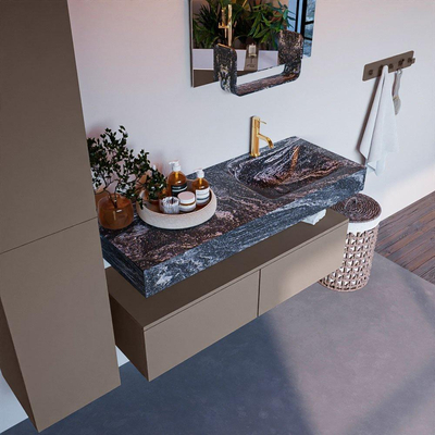 Mondiaz ALAN-DLUX Ensemble de meuble - 120cm - meuble Smoke mat - 2 tiroirs - Lavabo Cloud Lava suspendu - vasque droite - 1 trou de robinet