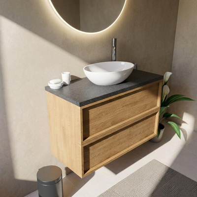 Saniclass Holz Frame Ensemble de meuble de salle de bains - 100x45x63cm - plan vasque en basalte Noche poli (noir) - 1 trou de robinetterie - 2 tiroirs - chêne natural mat (bois)