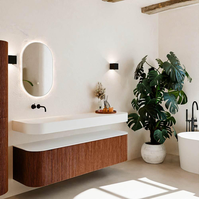 MONDIAZ THOR Meuble de salle de bains 170cm arrondi gauche + droite couleur Ruby avec 1 tiroir et 2 portes. Vasque suspendue CLOUD Gauche sans trou de robinet couleur Talc.