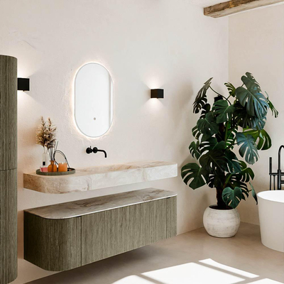 MONDIAZ THOR-DLUX 150cm meuble de salle de bains arrondi gauche + droite couleur Shadow avec 1 tiroir et 2 portes. Vasque suspendue CLOUD Milieu sans trou de robinet couleur Frappe.