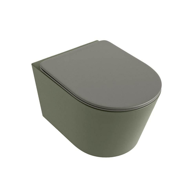 Mondiaz LAVIE hangtoilet – spoelrandloos – 36 x 53 cm – met softclose zitting – Army (groen), zitting Smoke (lichtbruin)