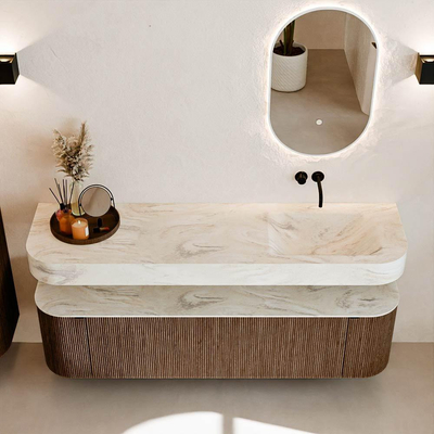 MONDIAZ THOR-DLUX Meuble de salle de bains 170cm arrondi gauche + droite couleur Walnut avec 1 tiroir et 2 portes. Vasque suspendue CLOUD Droite sans trou de robinet couleur Ostra.