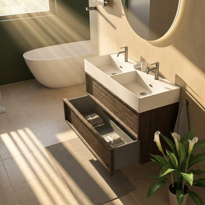 Saniclass Holz Frame Ensemble meuble de salle de bains - 120x45x72cm - Legend lavabo en céramique blanc - 2 vasques - 2 trous de robinetterie - 2 tiroirs - chêne charcoal mat (bois)