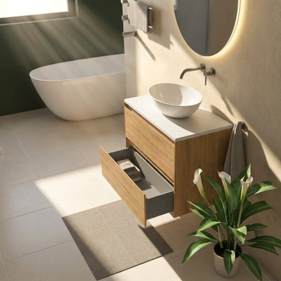 Saniclass Holz Pure Ensemble meuble de salle de bains - 80x45x62.5cm - Plan de travail Torino en solid surface blanc - sans trou de robinetterie - 2 tiroirs - chêne natural mat (bois)