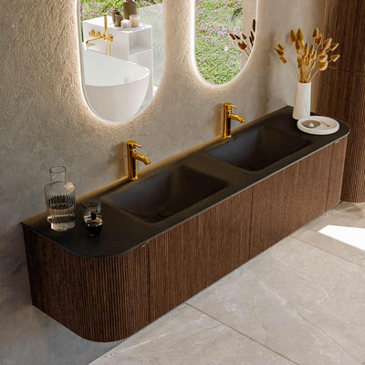 MONDIAZ KURVE Meuble de salle de bains 180 cm avec module 25 Len R couleur Walnut avec 2 tiroirs et 2 portes. Lavabo CLOUD double 2 trous de robinet Urban.