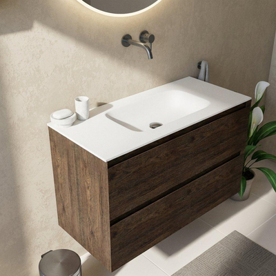 Saniclass Holz Pure Ensemble de meubles de salle de bains - 100x45x61.5cm - Flow lavabo en solid surface blanc - 1 vasque - sans trou de robinet - 2 tiroirs - chêne charcoal mat (bois)