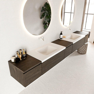 Mondiaz BUKLA badkamermeubelset 280x45x34cm 0 kraangaten 2 wasbakken solid surface Talc greeploos 5 lades met softclose Melamine Dark brown