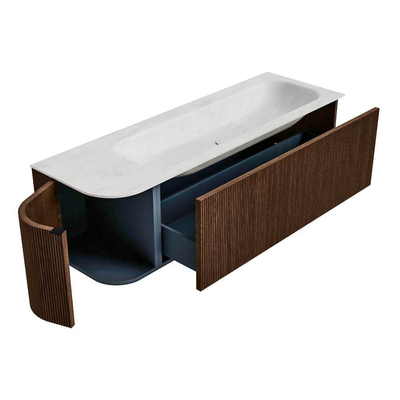 MONDIAZ KURVE-DLUX meuble de salle de bains 145 cm avec module 25 L couleur Walnut avec 1 tiroir et 1 porte. Lavabo BIG LARGE à droite sans trou de robinet couleur Opalo.