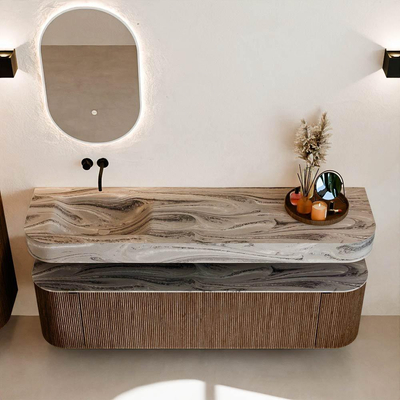 MONDIAZ THOR-DLUX 170cm badmeubel ronding links + rechts kleur Walnut met 1 lade en 2 deuren. Vrijhangende wastafel CLOUD Links zonder kraangat kleur Sombra.