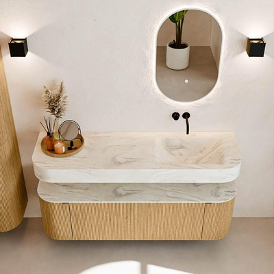 MONDIAZ THOR-DLUX 150cm badmeubel ronding links + rechts kleur Oak met 1 lade en 2 deuren. Vrijhangende wastafel CLOUD Rechts zonder kraangat kleur Ostra.