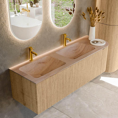 MONDIAZ KURVE-DLUX Meuble de salle de bains 145cm arrondi à droite couleur Oak avec 1 tiroir et 1 porte. Plan-vasque LEAF Double / Gauche 2 trous de robinet Saba.