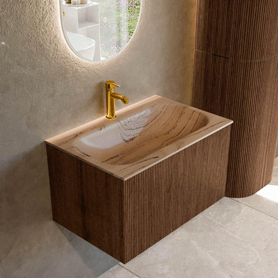 MONDIAZ KURVE-DLUX 70cm badmeubel kleur Walnut met 1 lade en 0 deuren. Wastafel BIG SMALL Midden 1 kraangat Arena.