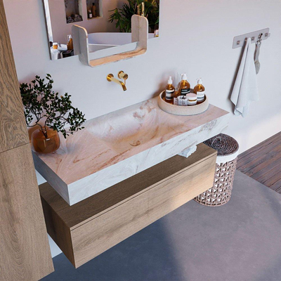 Mondiaz ALAN-DLUX Ensemble de meuble - 110cm - meuble Washed Oak mat - 1 tiroir - Lavabo Cloud Frappe suspendu - vasque Centre - 0 trous de robinet
