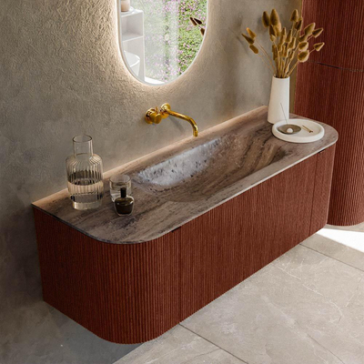 MONDIAZ KURVE-DLUX Meuble de salle de bains 130cm arrondi Gauche + Droite couleur Ruby avec 1 tiroir et 2 portes. Lavabo BIG SMALL Central sans trou de robinet Oza.