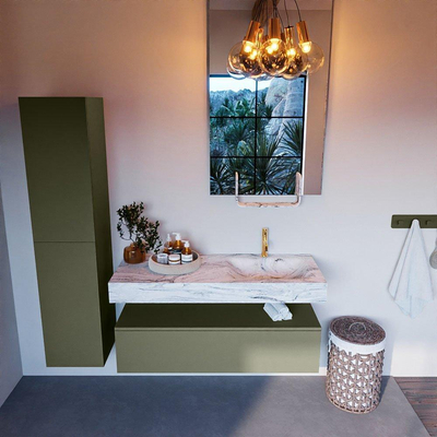 Mondiaz ALAN-DLUX Ensemble de meuble - 120cm - meuble Army mat - 1 tiroir - Lavabo Cloud Glace suspendu - vasque Droite - 1 trou de robinet