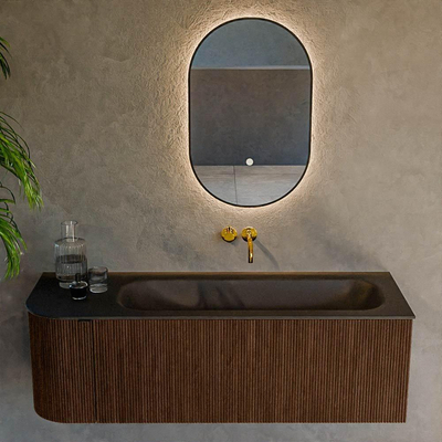 MONDIAZ KURVE 135cm badmeubel met module 25 L kleur Walnut met 1 lade en 1 deur. Wastafel BIG MEDIUM rechts zonder kraangat Urban.