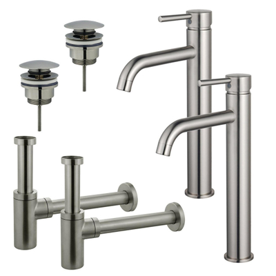 FugaFlow Eccelente Sobrado Kit robinet lavabo - pour double vasque - robinet rehaussé - bonde clic clac - siphon design - Inox brossé PVD