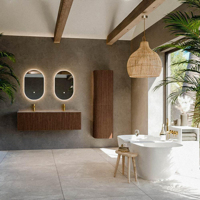 MONDIAZ KURVE-DLUX Meuble de salle de bains 140cm couleur Walnut avec 2 tiroirs et 0 portes. Vasque STOR SMALL Double 2 trous de robinet Oza.