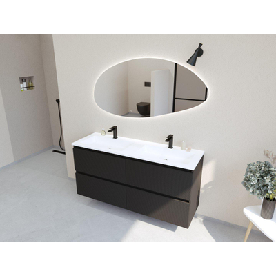 HR Infinity XXL ensemble de meubles de salle de bain 3d 140 cm 2 lavabos en céramique blanc mat 2 trous de robinetterie 4 tiroirs noir mat