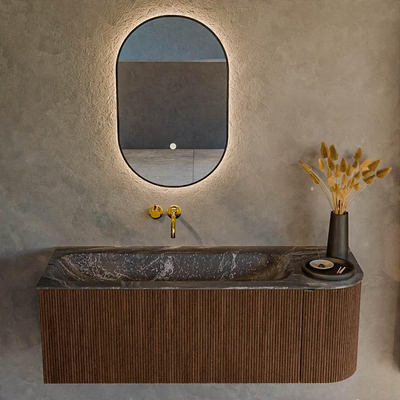 MONDIAZ KURVE-DLUX 125cm badmeubel met module 25 R kleur Walnut met 1 lade en 1 deur. Wastafel BIG MEDIUM links zonder kraangat kleur Lava.