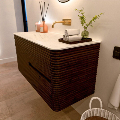 Mondiaz CIRO-DLUX Badkamermeubelset - 100x45x50cm - Solid surface wastafel Opalo - 1 wasbak Midden - zonder kraangaten - 2 lades - Walnut