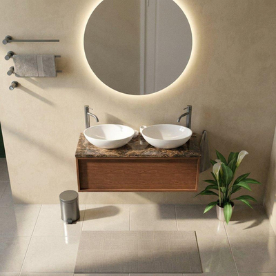 Saniclass Holz Frame Ensemble meuble de salle de bains - 120x45x43cm - Plan de travail en pierre naturelle Noche dark emperador - 2 trous de robinetterie - 1 tiroir - noyer pur mat (bois)