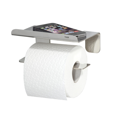 Tiger Colar Ensemble d’accessoires pour toilettes - porte-rouleau de papier toilette - avec tablette - porte-brosse de toilette - patère - autoadhésif - acier inoxydable poli