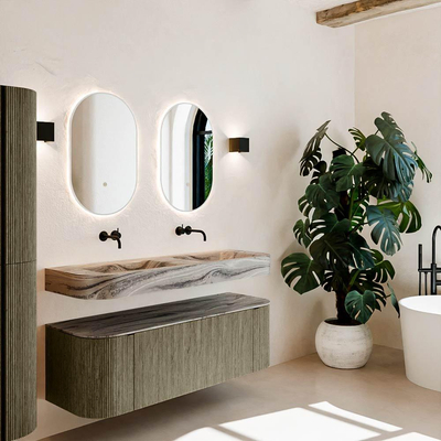 MONDIAZ THOR-DLUX 140cm meuble de salle de bains arrondi gauche + droite couleur Shadow avec 1 tiroir et 2 portes. Vasque suspendue CLOUD Double sans trou de robinet couleur Sombra.