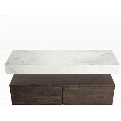 Mondiaz ALAN - DLUX ensemble de meuble de salle de bain - 130cm - meuble sous-vasque - Marron Foncé - 1 tiroir - lavabo suspendu - évier à droite - 0 trous de robinet - Ostra
