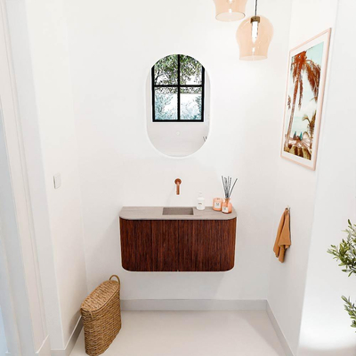 Mondiaz JOYA-DLUX 83.2cm meuble de toilette - arrondis gauche et droite couleur Ruby - Vasque FAYE position Milieu Sans trou de robinet couleur Saba