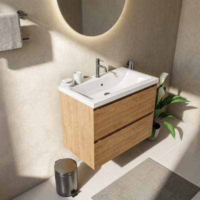 Saniclass Holz Pure Ensemble meuble de salle de bains - 80x45x63.5cm - Bari lavabo en céramique blanc - 1 vasque - 1 trou de robinet - 2 tiroirs - chêne natural mat (bois)