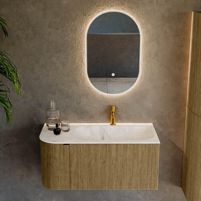 Mondiaz KURVE-DLUX Badkamermeubelset - 95x46x40cm - 1 lade - 1 deur - wastafel solid surface - rechts - 1 kraangat - Dusk