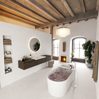 MONDIAZ BUKLA 200cm ensemble de meuble avec module 60 couleur Marron Foncé avec 3 tiroirs. Lavabo CLOUD milieu 0 trous de robinet couleur Talc.