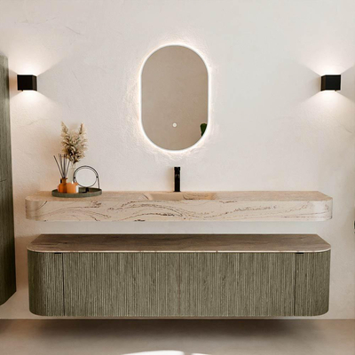 MONDIAZ THOR-DLUX Meuble de salle de bains 190cm arrondi gauche + droite couleur Shadow avec 2 tiroirs et 2 portes. Vasque suspendue CLOUD Milieu 1 trou de robinet couleur Arena.