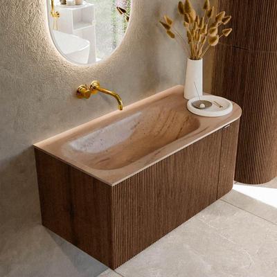 MONDIAZ KURVE-DLUX meuble de salle de bains 95cm arrondi Droit couleur Noyer avec 1 tiroir et 1 porte. Lavabo BIG SMALL Gauche sans trou de robinet Saba.
