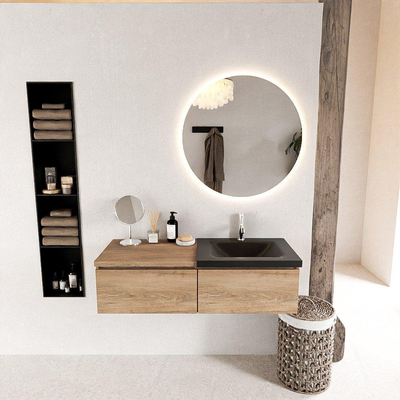 MONDIAZ BUKLA 120cm ensemble de meuble avec module 60 couleur Chêne blanchi avec 2 tiroirs. Lavabo CLOUD à droite 1 trou de robinet couleur Urbaine.