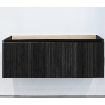 Saniclass Holz Base Badkameronderkast 120cm 1 lade greeploos zwartbruin met zwart keramieken wastafel 2 bakken 2 crosswater kranen en 2 x clickwaste brons. SHOWROOMMODEL