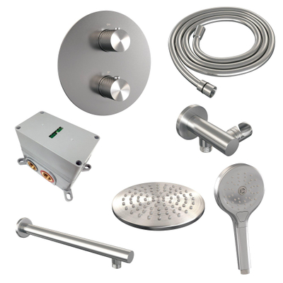 BRAUER Douche à l'italienne thermostatique à encastrer Carving brossé - 3 voies - rond - set 79 - douche principale de 20 cm - bras mural droit - douchette à main 3 positions - flexible de douche - coude mural - inox brossé PVD