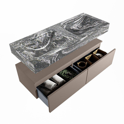 Mondiaz ALAN-DLUX Ensemble de meuble - 120cm - meuble Smoke mat - 2 tiroirs - Lavabo Cloud Lava suspendu - vasque Gauche et droite - 2 trous de robinet