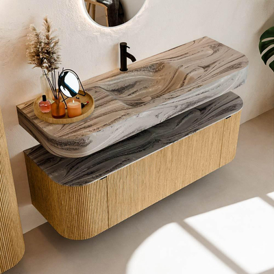 MONDIAZ THOR-DLUX 140cm badmeubel ronding links + rechts kleur Oak met 1 lade en 2 deuren. Vrijhangende wastafel CLOUD Midden 1 kraangat kleur Sombra.