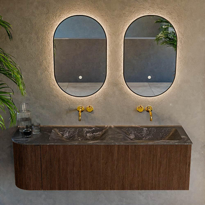 MONDIAZ KURVE-DLUX 145cm badmeubel met module 25 L kleur Walnut met 1 lade en 1 deur. Wastafel LEAF dubbel / rechts zonder kraangat kleur Lava.