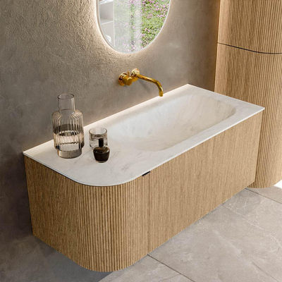 MONDIAZ KURVE-DLUX Meuble de salle de bains 105 cm avec module 25 L couleur Oak avec 1 tiroir et 1 porte. Lavabo BIG SMALL droit sans trou de robinet couleur Opalo.
