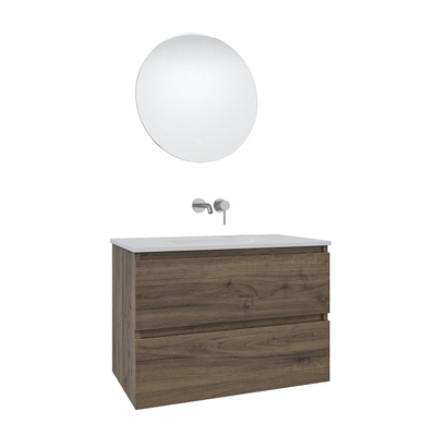 Adema Chaci Meuble salle de bain - 80x46x55cm - 1 vasque en céramique blanche- sans trou de robinet - 2 tiroirs - miroir rond avec éclairage - Noyer
