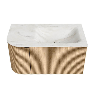 MONDIAZ KURVE-DLUX meuble de salle de bains 85 cm avec module 25 L couleur Oak avec 1 tiroir et 1 porte. Lavabo CLOUD à droite sans trou de robinet couleur Ostra.